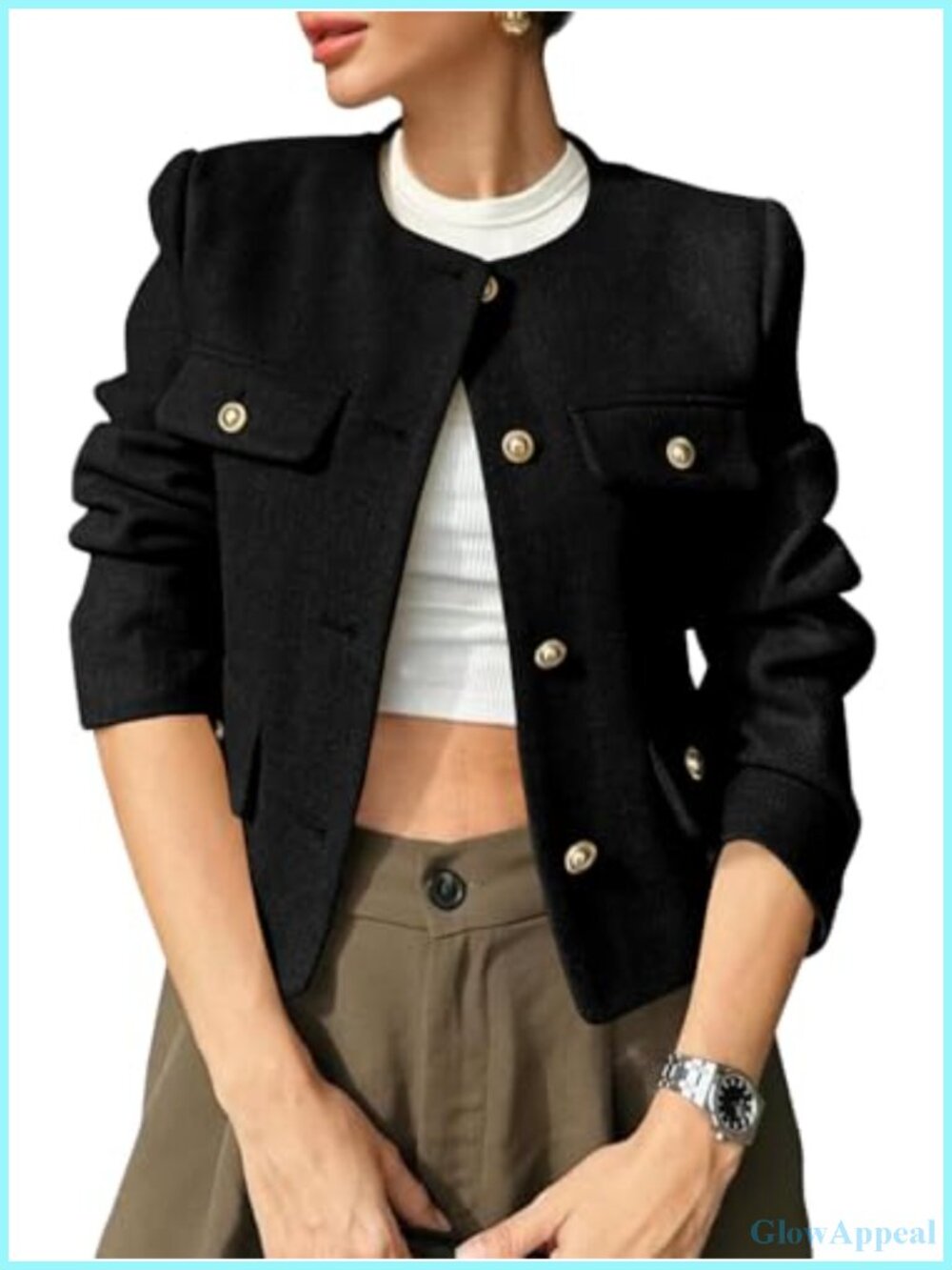 Cropped Tweed Blazer Collarless Button Down Long Sleeve Women's Work Jacket